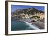 Beach, Town and Hills of Amalfi in Sunshine with Breaking Waves, Costiera Amalfitana (Amalfi Coast)-Eleanor Scriven-Framed Photographic Print