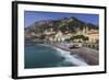 Beach, Town and Hills of Amalfi in Sunshine with Breaking Waves, Costiera Amalfitana (Amalfi Coast)-Eleanor Scriven-Framed Photographic Print