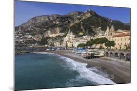 Beach, Town and Hills of Amalfi in Sunshine with Breaking Waves, Costiera Amalfitana (Amalfi Coast)-Eleanor Scriven-Mounted Photographic Print