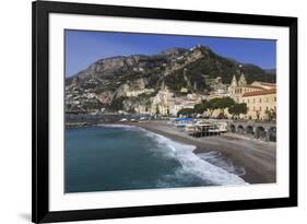 Beach, Town and Hills of Amalfi in Sunshine with Breaking Waves, Costiera Amalfitana (Amalfi Coast)-Eleanor Scriven-Framed Photographic Print