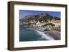 Beach, Town and Hills of Amalfi in Sunshine with Breaking Waves, Costiera Amalfitana (Amalfi Coast)-Eleanor Scriven-Framed Premium Photographic Print