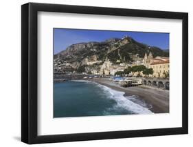 Beach, Town and Hills of Amalfi in Sunshine with Breaking Waves, Costiera Amalfitana (Amalfi Coast)-Eleanor Scriven-Framed Premium Photographic Print