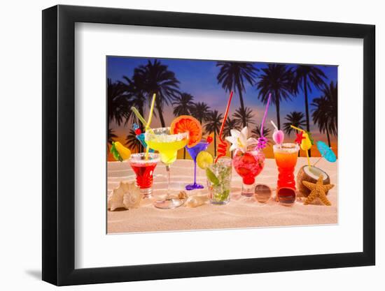 Beach Tropical Cocktails on White Sand Mojito Blue Hawaii on Sunset Palm Trees-holbox-Framed Photographic Print