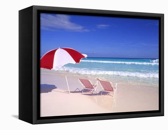 Beach Umbrella and Chairs, Caribbean-Bill Bachmann-Framed Stretched Canvas