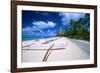 Beach Umbrellas and Outrigger Canoe-George Oze-Framed Photographic Print