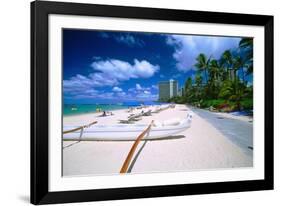 Beach Umbrellas and Outrigger Canoe-George Oze-Framed Photographic Print