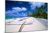 Beach Umbrellas and Outrigger Canoe-George Oze-Mounted Photographic Print