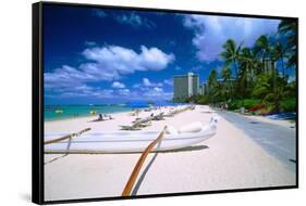 Beach Umbrellas and Outrigger Canoe-George Oze-Framed Stretched Canvas