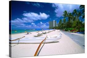 Beach Umbrellas and Outrigger Canoe-George Oze-Stretched Canvas