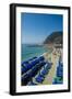 Beach umbrellas lining the beach in Monterosso al Mare, Cinque Terre, Italy.-Michael DeFreitas-Framed Photographic Print