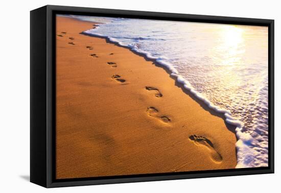 Beach, Wave And Footsteps At Sunset Time-Hydromet-Framed Stretched Canvas