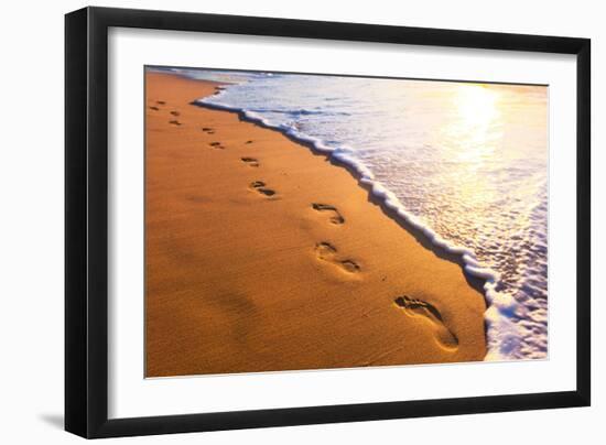 Beach, Wave And Footsteps At Sunset Time-Hydromet-Framed Photographic Print