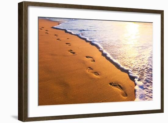 Beach, Wave And Footsteps At Sunset Time-Hydromet-Framed Photographic Print
