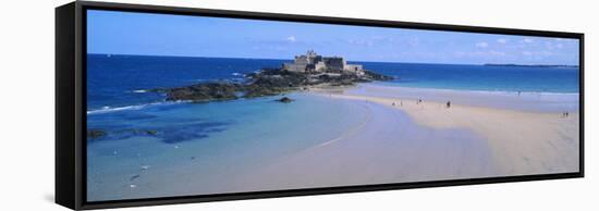 Beach with a Fort in the Background, St-Malo, Brittany, France-null-Framed Stretched Canvas