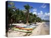 Beach with Palm Trees and Kayaks, Punta Soliman, Mayan Riviera, Yucatan Peninsula, Mexico-Nelly Boyd-Stretched Canvas