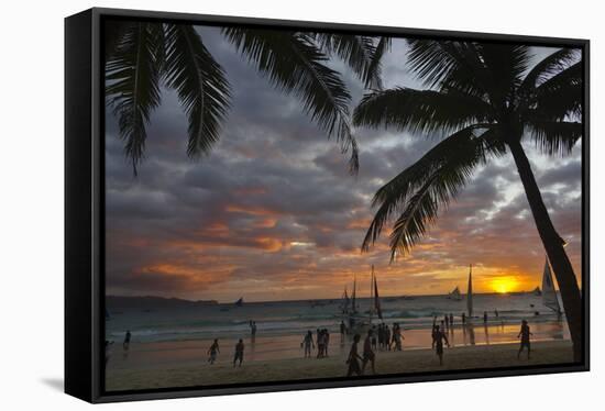 Beach with Palm Trees at Sunset, Boracay Island, Aklan Province, Philippines-Keren Su-Framed Stretched Canvas