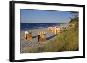Beach with Roofed Wicker Beach Chairs, Zempin, Usedom, Mecklenburg-Western Pomerania, Germany-null-Framed Art Print
