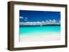 Beach with Sailboat in Ocean-pashapixel-Framed Photographic Print