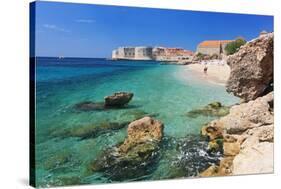 Beach with the Old Town of Dubrovnik, Dalmatia, Croatia-null-Stretched Canvas