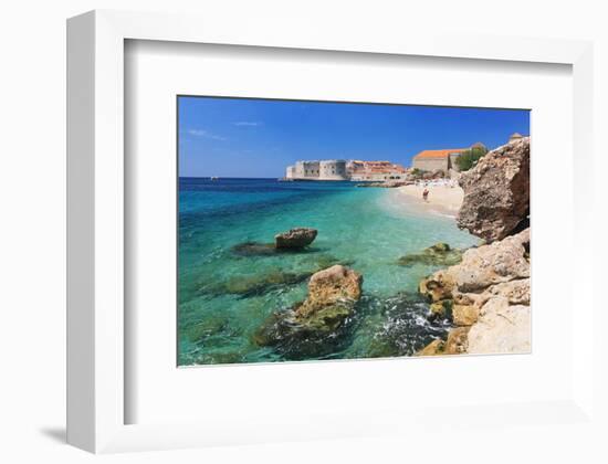 Beach with the Old Town of Dubrovnik, Dalmatia, Croatia-null-Framed Art Print