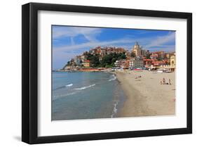 Beach with View of the Urban District of Porto Maurizio in Imperia, Liguria, Italy-null-Framed Art Print