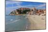 Beach with View of the Urban District of Porto Maurizio in Imperia, Liguria, Italy-null-Mounted Art Print