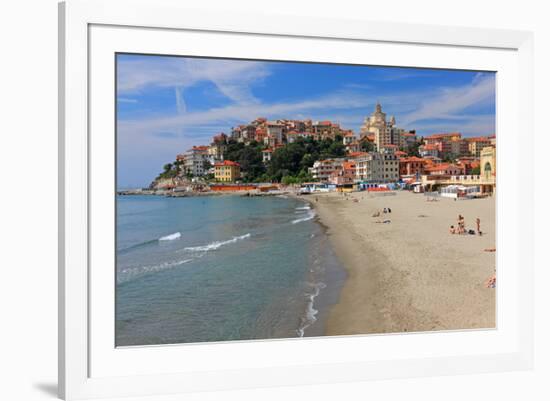 Beach with View of the Urban District of Porto Maurizio in Imperia, Liguria, Italy-null-Framed Art Print