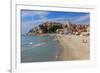 Beach with View of the Urban District of Porto Maurizio in Imperia, Liguria, Italy-null-Framed Art Print