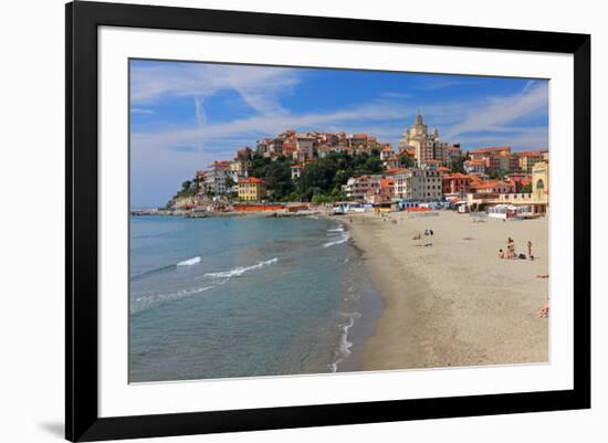 Beach with View of the Urban District of Porto Maurizio in Imperia, Liguria, Italy-null-Framed Art Print