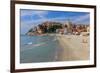 Beach with View of the Urban District of Porto Maurizio in Imperia, Liguria, Italy-null-Framed Art Print