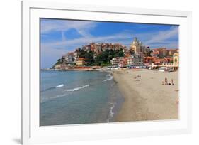 Beach with View of the Urban District of Porto Maurizio in Imperia, Liguria, Italy-null-Framed Art Print