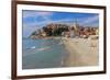 Beach with View of the Urban District of Porto Maurizio in Imperia, Liguria, Italy-null-Framed Art Print