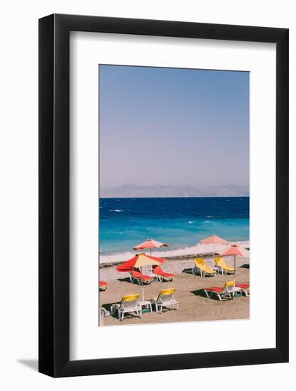 Beach with Yellow and Red Sunbeds, Umbrellas and Sea with Waves. Retro Styled Concept. Beautiful La-Katya_Havok-Framed Photographic Print