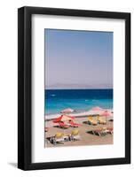 Beach with Yellow and Red Sunbeds, Umbrellas and Sea with Waves. Retro Styled Concept. Beautiful La-Katya_Havok-Framed Photographic Print