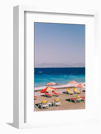 Beach with Yellow and Red Sunbeds, Umbrellas and Sea with Waves. Retro Styled Concept. Beautiful La-Katya_Havok-Framed Photographic Print