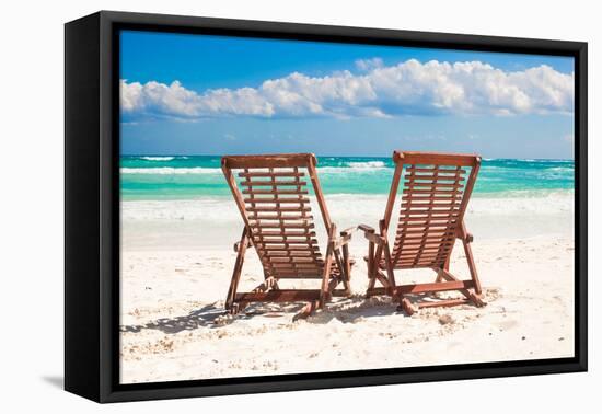 Beach Wooden Chairs for Vacations and Relax on Tropical White Sand Beach in Tulum, Mexico-TravnikovStudio-Framed Stretched Canvas