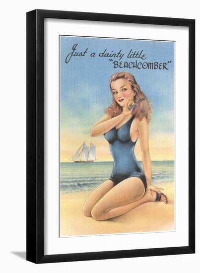 Beachcomber, Girl in Black One-Piece-null-Framed Art Print