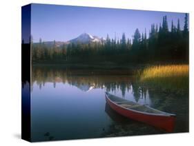 Beached Red Canoe, Sparks Lake, Central Oregon Cascades-Janis Miglavs-Stretched Canvas