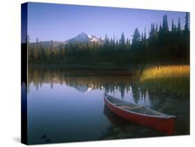 Beached Red Canoe, Sparks Lake, Central Oregon Cascades-Janis Miglavs-Stretched Canvas