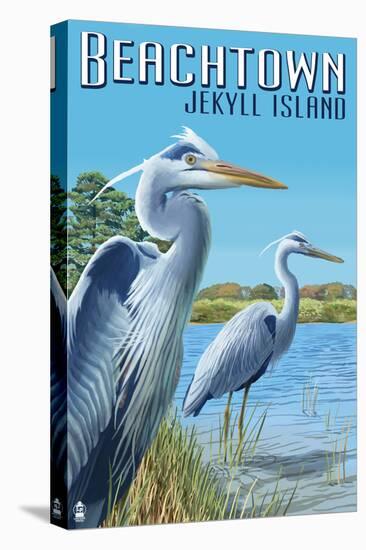 Beachtown - Jekyll Island, Georgia - Blue Herons-Lantern Press-Stretched Canvas
