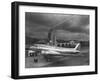 Beacon Shining Forth at Evening from Air Terminal Tower, American Airlines Plane in Foreground-null-Framed Premium Photographic Print