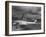 Beacon Shining Forth at Evening from Air Terminal Tower, American Airlines Plane in Foreground-null-Framed Photographic Print