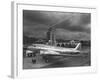 Beacon Shining Forth at Evening from Air Terminal Tower, American Airlines Plane in Foreground-null-Framed Photographic Print