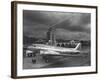 Beacon Shining Forth at Evening from Air Terminal Tower, American Airlines Plane in Foreground-null-Framed Photographic Print