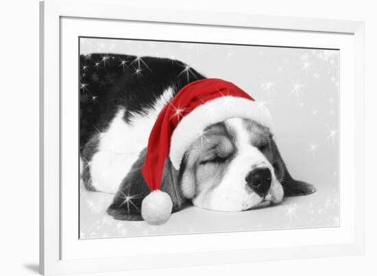 Beagle Dog Puppy Asleep Wearing a Christmas Hat-null-Framed Photographic Print