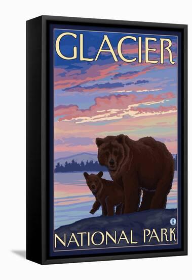 Bear and Cub, Glacier National Park, Montana-Lantern Press-Framed Stretched Canvas