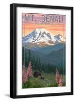 Bear and Cubs Spring Flowers - Mount Denali, Alaska-Lantern Press-Framed Art Print