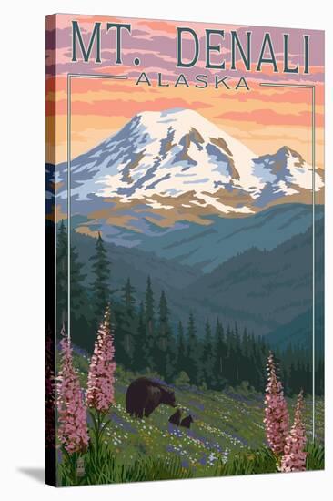 Bear and Cubs Spring Flowers - Mount Denali, Alaska-Lantern Press-Stretched Canvas