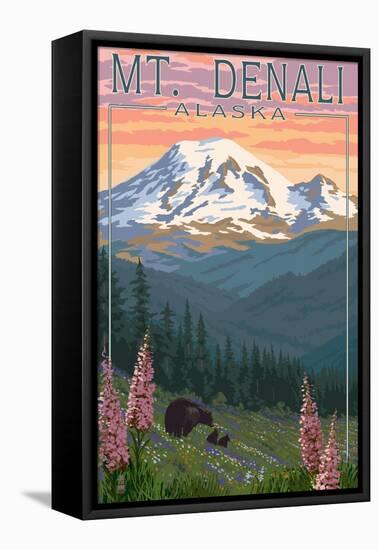 Bear and Cubs Spring Flowers - Mount Denali, Alaska-Lantern Press-Framed Stretched Canvas