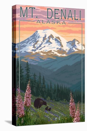 Bear and Cubs Spring Flowers - Mount Denali, Alaska-Lantern Press-Stretched Canvas